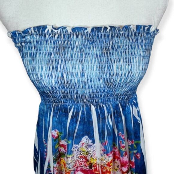 BLUE & PINK FLORAL STRAPLESS DRESS SZ.S/M EUC. - Picture 2 of 5